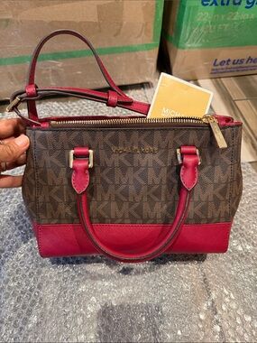 Michael Kors Brown & Red Logo Satchel with Gold Hardware